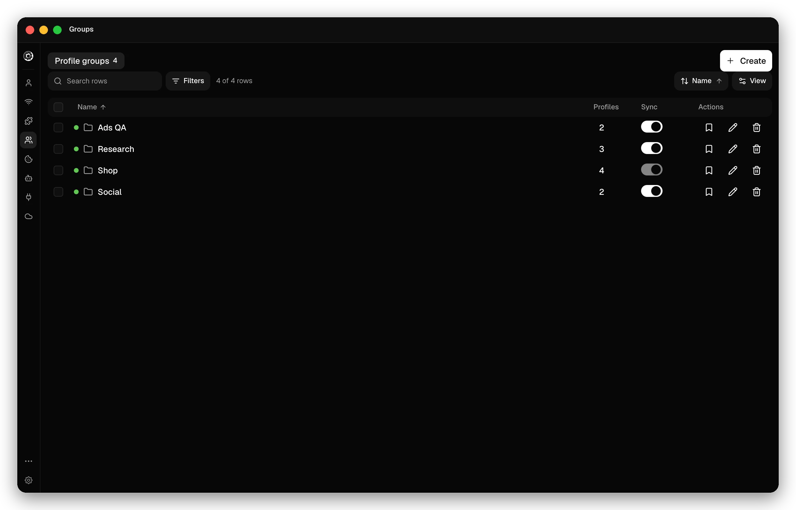 Groups page with four profile groups, Ads QA, Research, Shop and Social, their profile counts, a sync switch per group, and buttons for bookmarks, edit and delete. A Create button is at the top right.