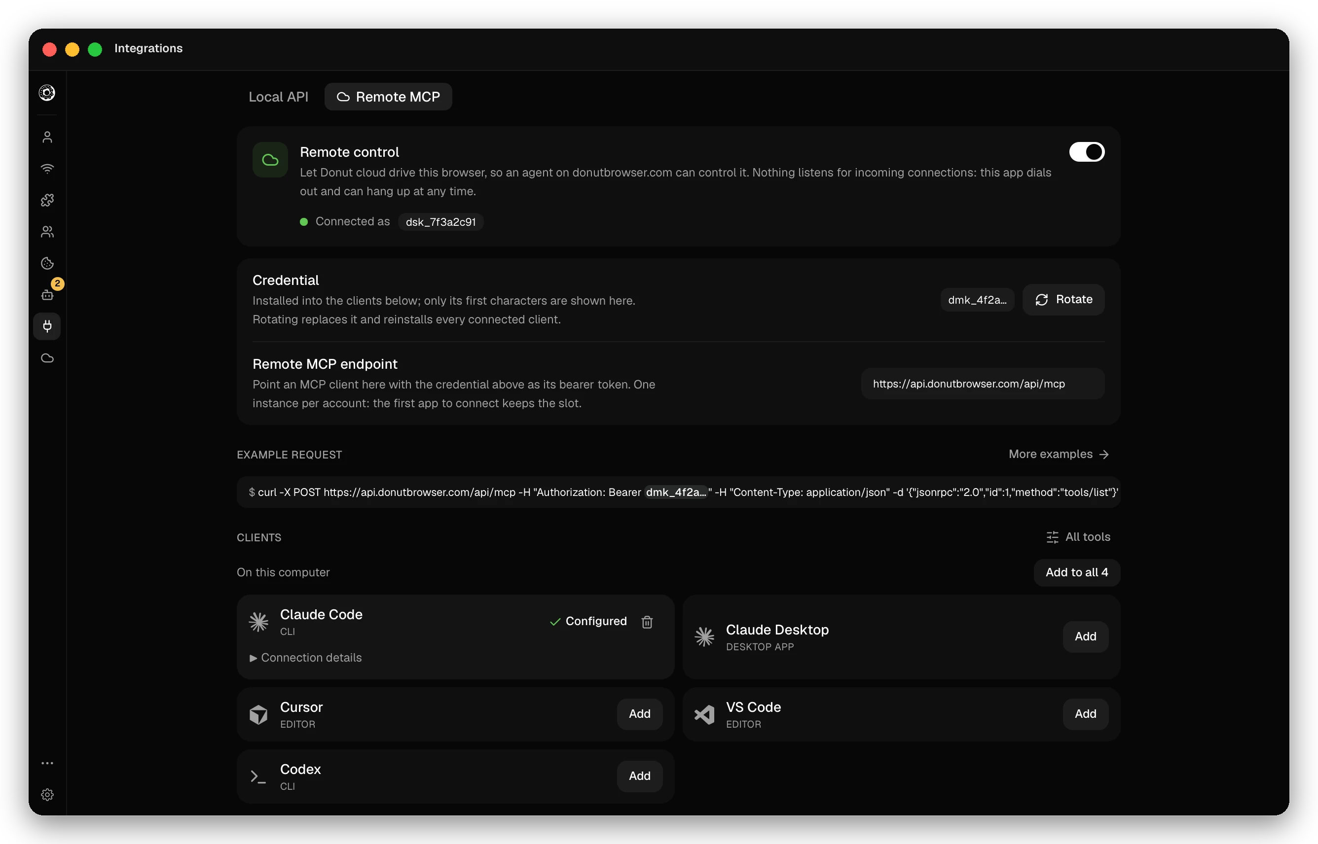 Integrations page, Remote MCP tab. Remote control is on and connected as a desktop instance. Below: the credential prefix with a Rotate button, the remote MCP endpoint https://api.donutbrowser.com/api/mcp, an example curl request, and the MCP clients found on this computer: Claude Code (configured), Claude Desktop, Cursor, VS Code and Codex, each with an Add button, plus Add to all.