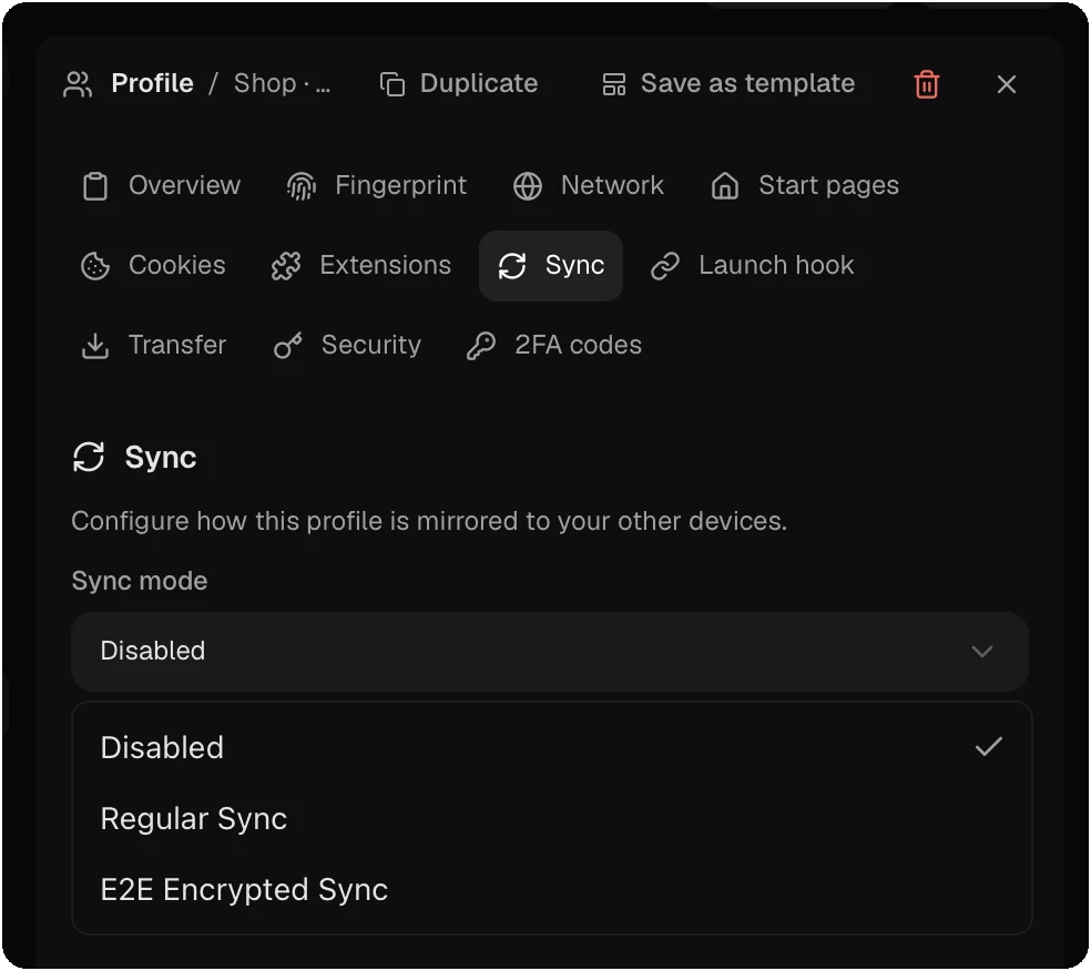 Sync section of the profile panel. The Sync mode picker is open with the options Disabled (selected), Regular Sync and E2E Encrypted Sync.