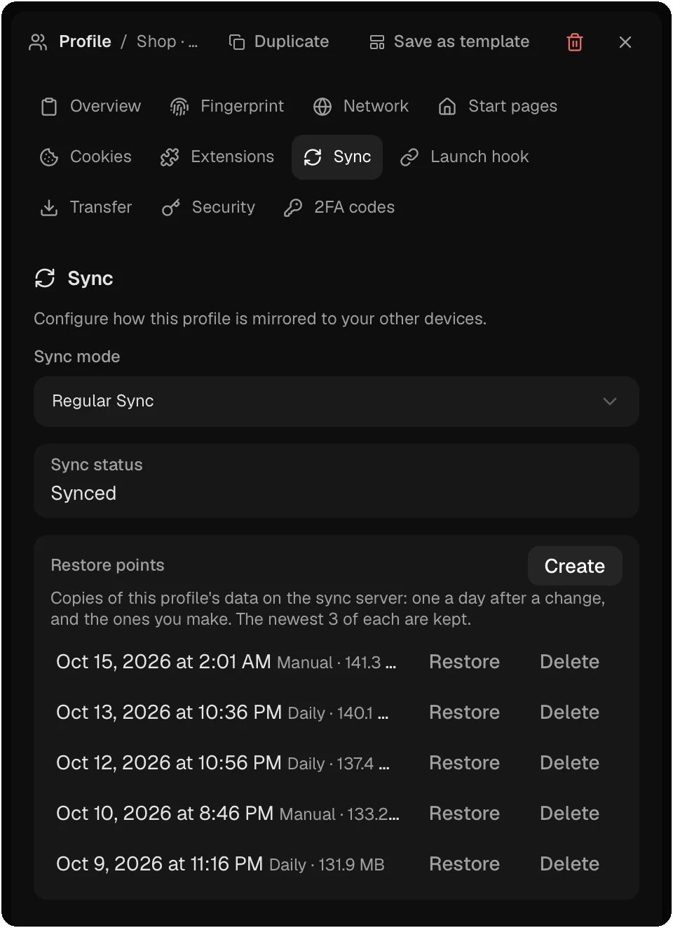 Sync section of the profile panel for Shop · US-East 02. Sync mode is Regular Sync and the status is Synced. A Restore points list shows copies of the profile's data on the sync server, daily and manual ones, each with its date, kind and size, and Restore and Delete buttons. A Create button makes a new restore point.