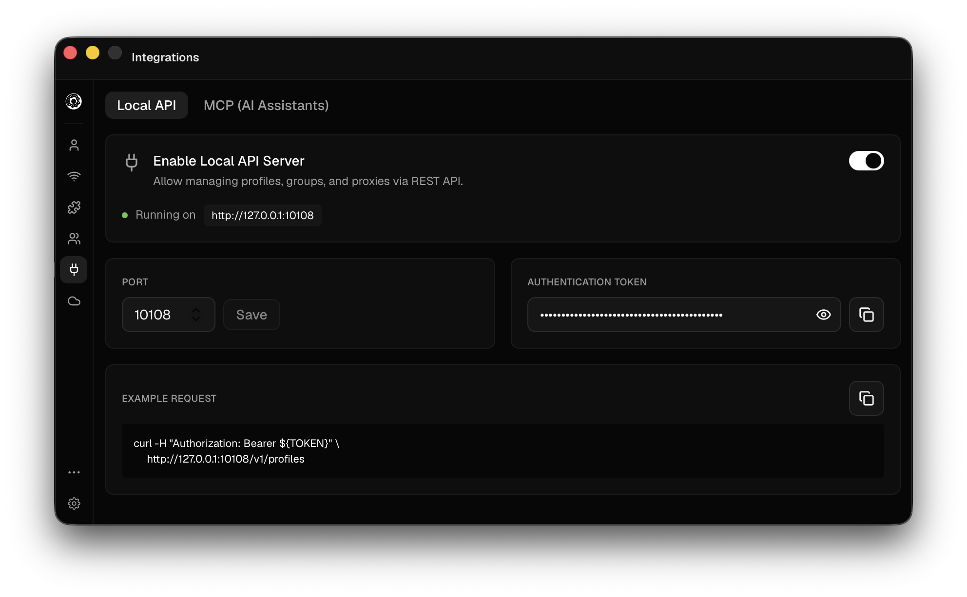 Settings → Integrations → Local API panel showing the toggle, port, authentication token, and an example curl request.