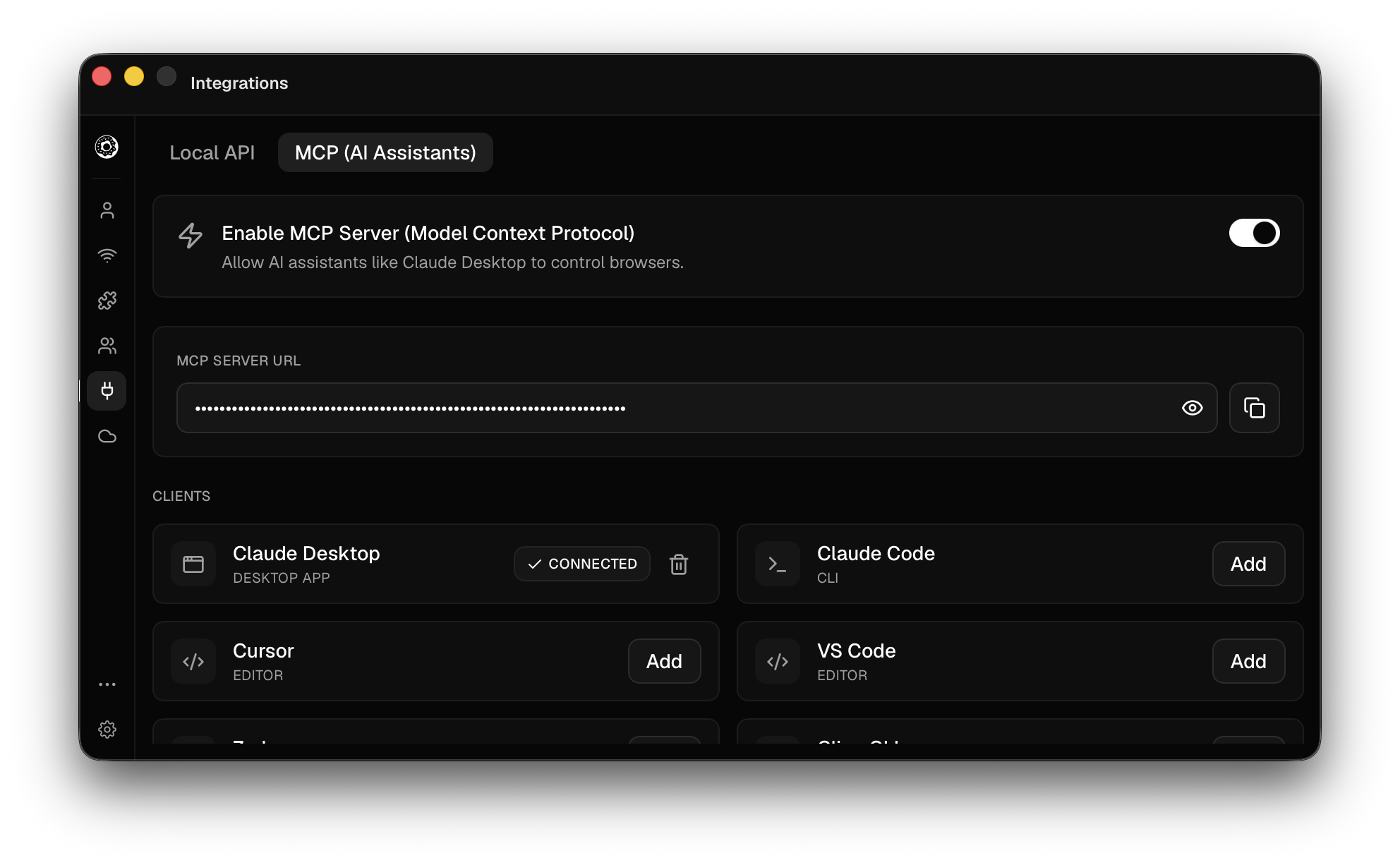 MCP (AI Assistants) tab in Settings → Integrations, with Enable MCP Server toggled on and Claude Desktop showing Connected.